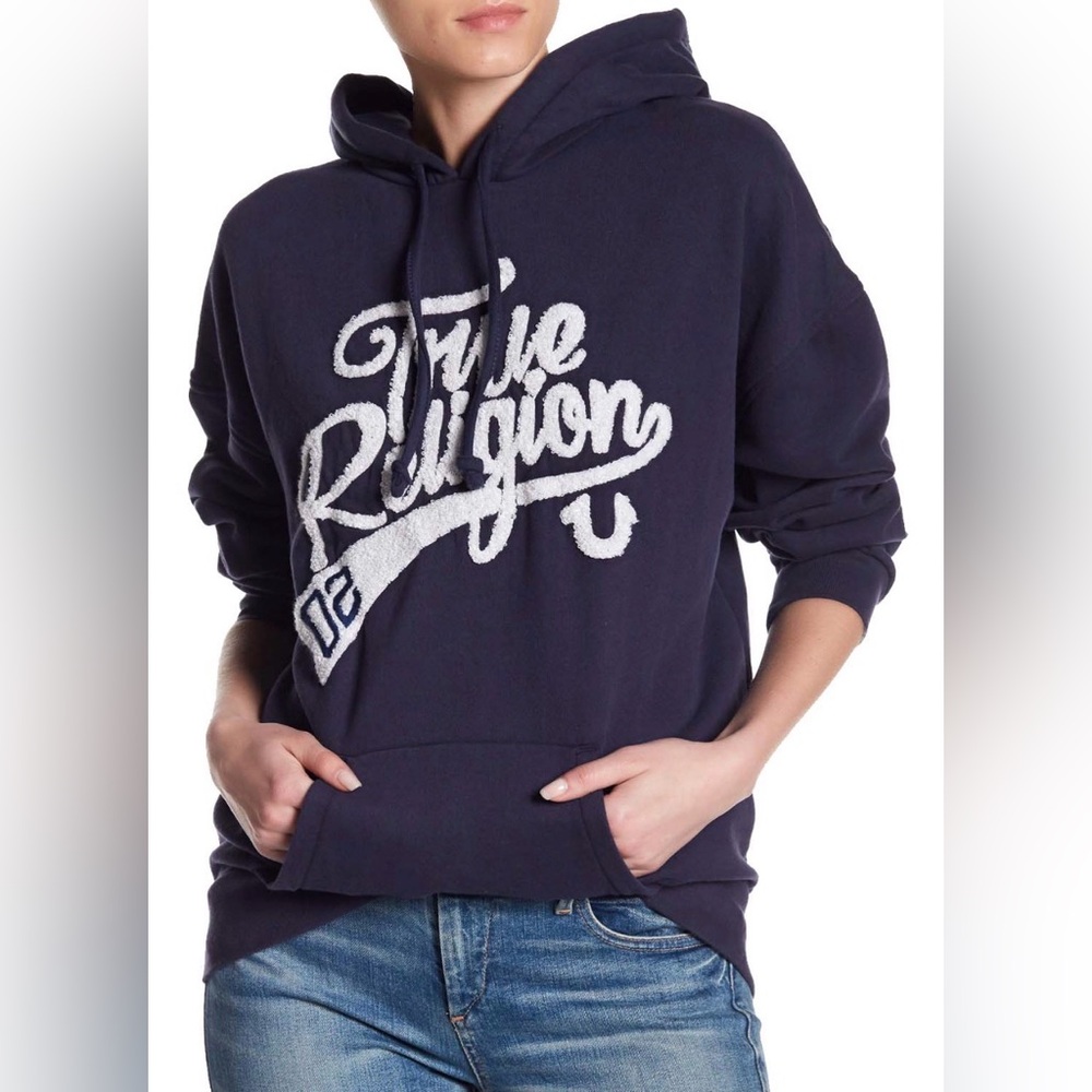 True Religion Women's Athletic Boyfriend Pullover Hoodie Navy Blue XS $129